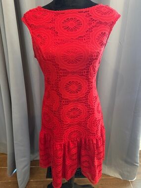 London Times Red Crochet Drop-Waist Mini Dress